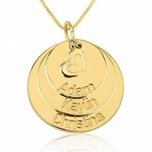 Naamketting 3 &#039;discs&#039; met 3 namen en hart gegraveerd 24K verguld goud