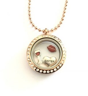 Complete 25mm RVS memory locket ros&eacute;-goud kleurig met strass sister