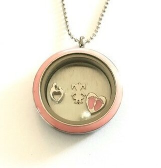 Complete 30mm RVS memory locket twist zilver kleurig met roze rand meisje