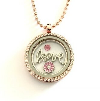 Complete 30mm RVS memory locket twist ros&eacute;-goud kleurig met strass love plate