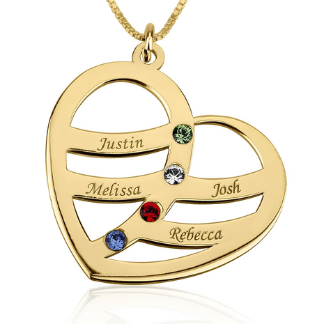 4 namen - Naamketting hart met  4 namen en geboortestenen Zilver, 24k Gold of Rosé Plated