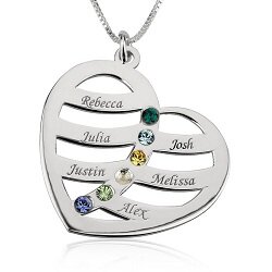 Naamketting hart sterling zilver 925 met 6 namen en geboortestenen